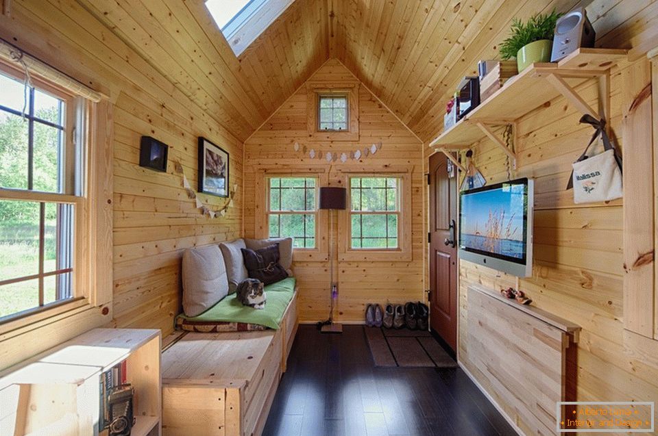 Interior of a small wooden cottage