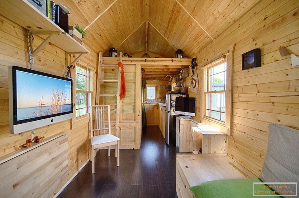 Interior of a small wooden cottage