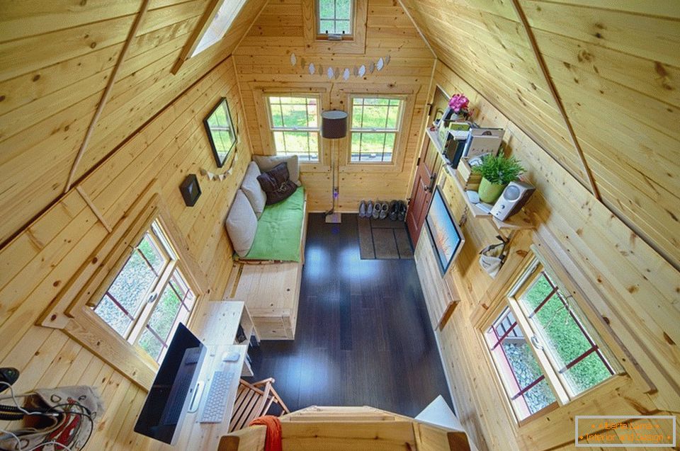 Interior of a small wooden cottage