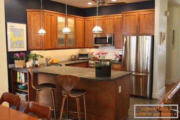 A corner kitchen with a bar counter - a photo in dark colors