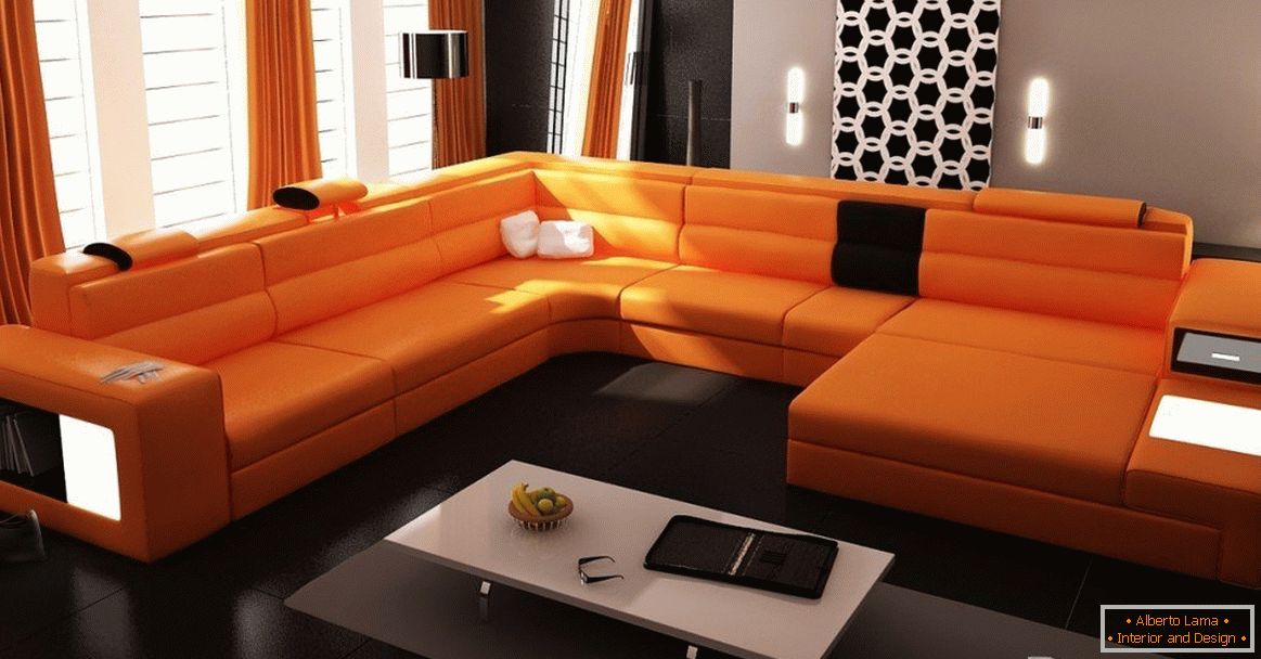 Orange sofa in a strict living room