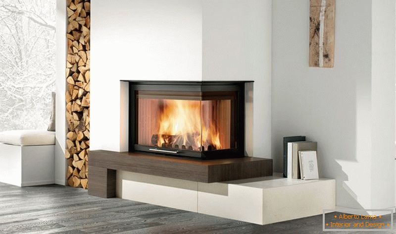 An asymmetric corner fireplace in the interior