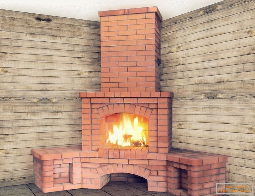 Brick corner fireplace in the interior