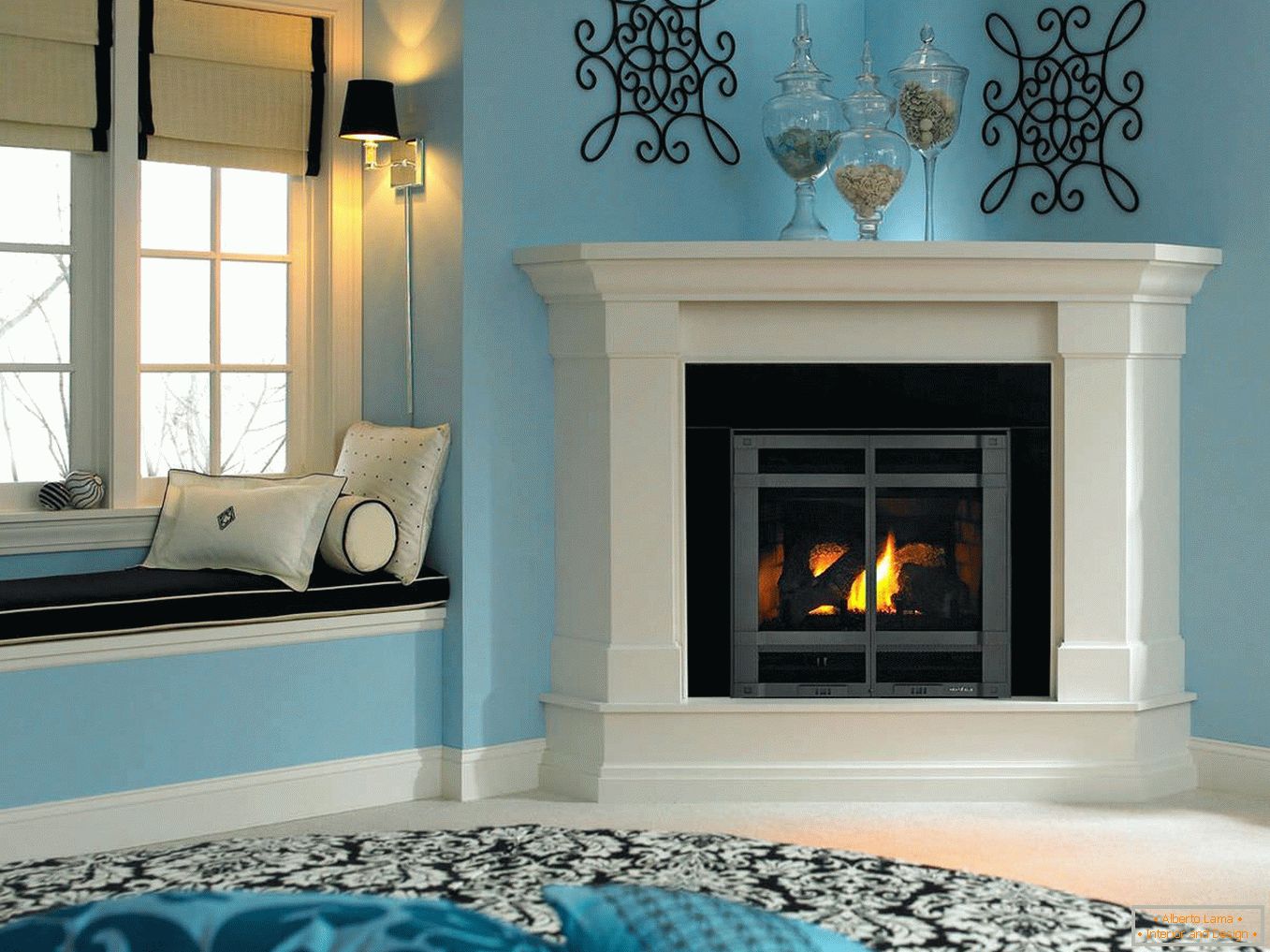 Blue interior with white corner fireplace