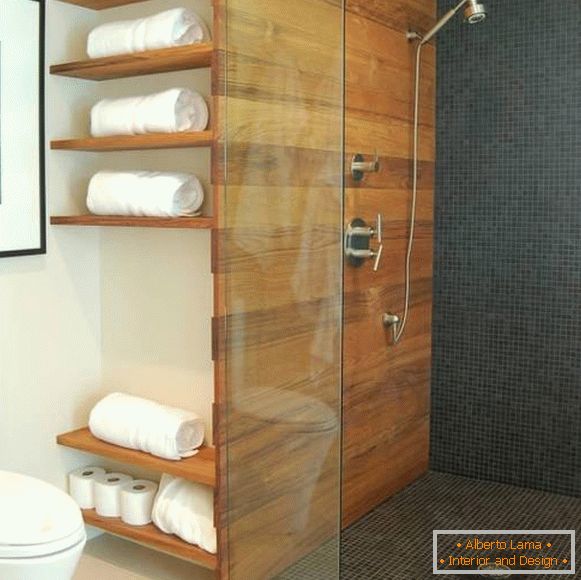 Bathroom with wooden shelves
