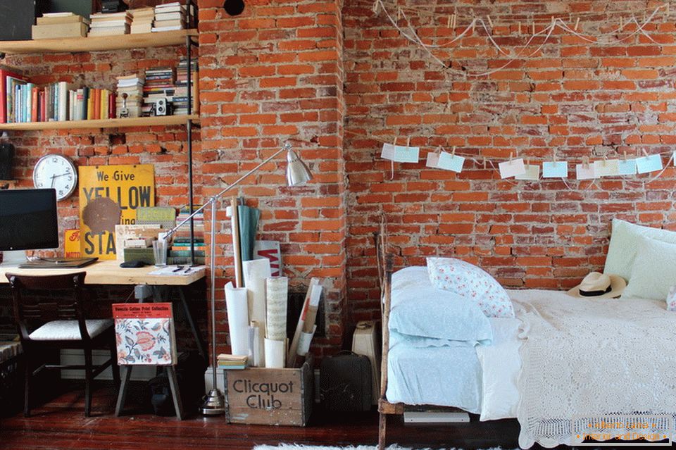 Brick wall in the bedroom-cabinet