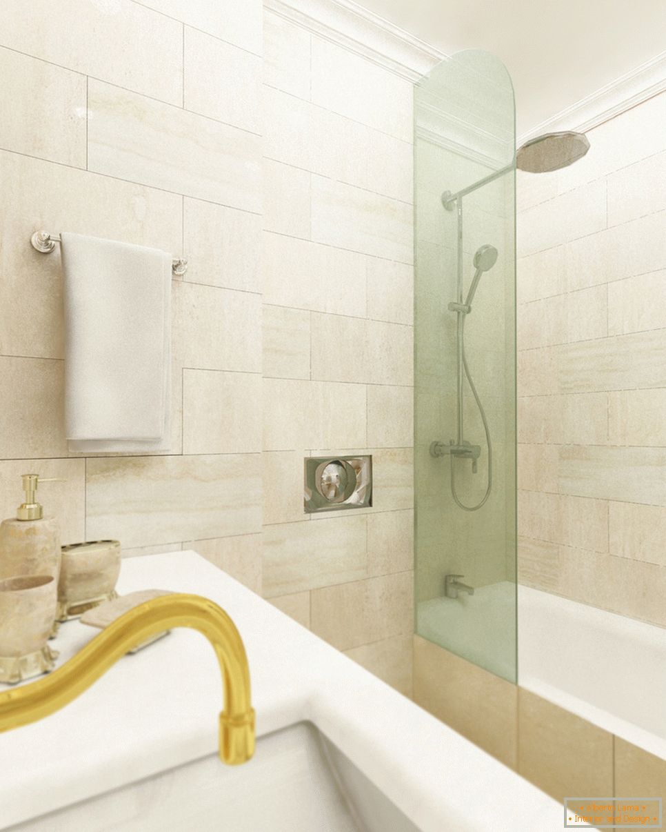 Golden accents in a bright bathroom