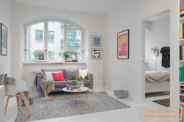 Interior of the living room of a small apartment in Scandinavian style