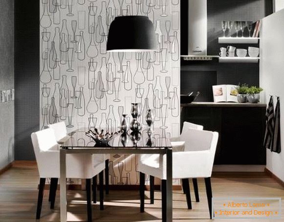 Wall decoration in the kitchen in the dining area by wallpaper