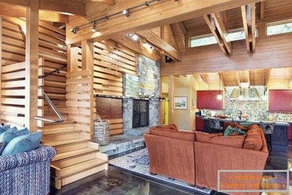 kitchen-living room-staircase-chalet