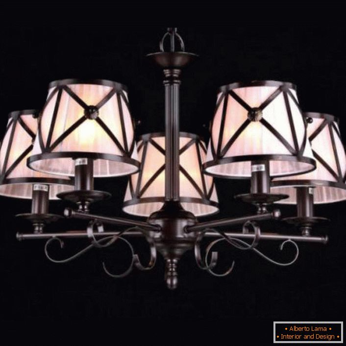 A neat chandelier without frills is interesting with a contrasting combination of colors. For sure, it will look great in the living room in the style of country, decorated in light beige tones.