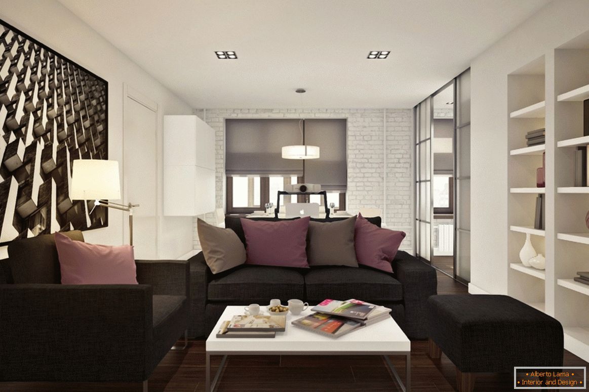Design of a small studio apartment with lilac accents