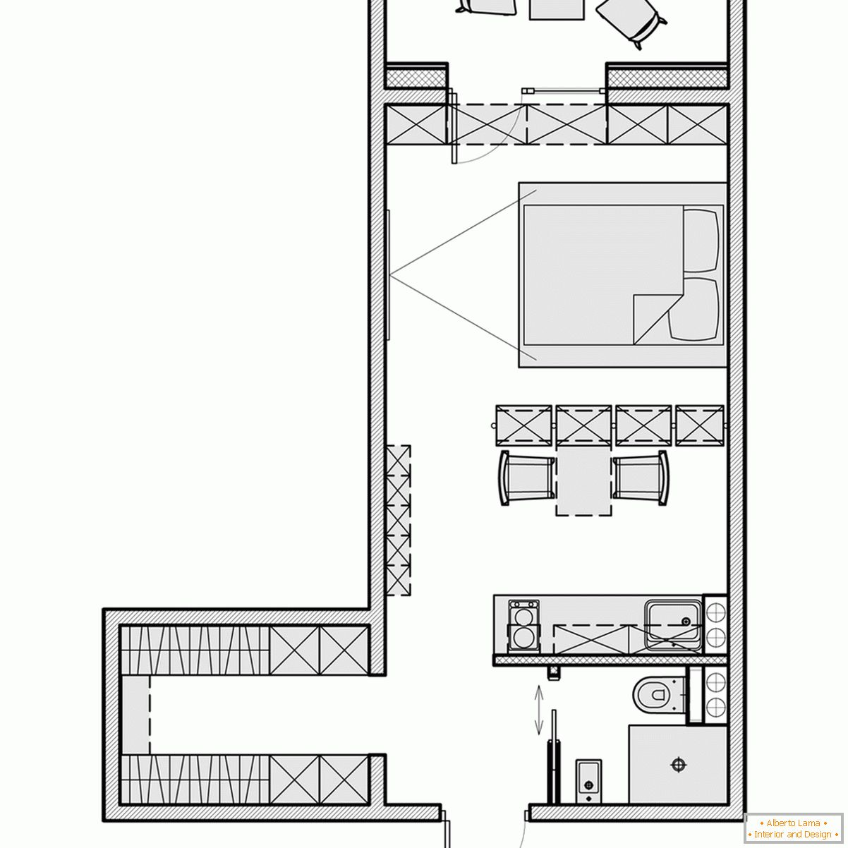 The layout of a small studio apartment