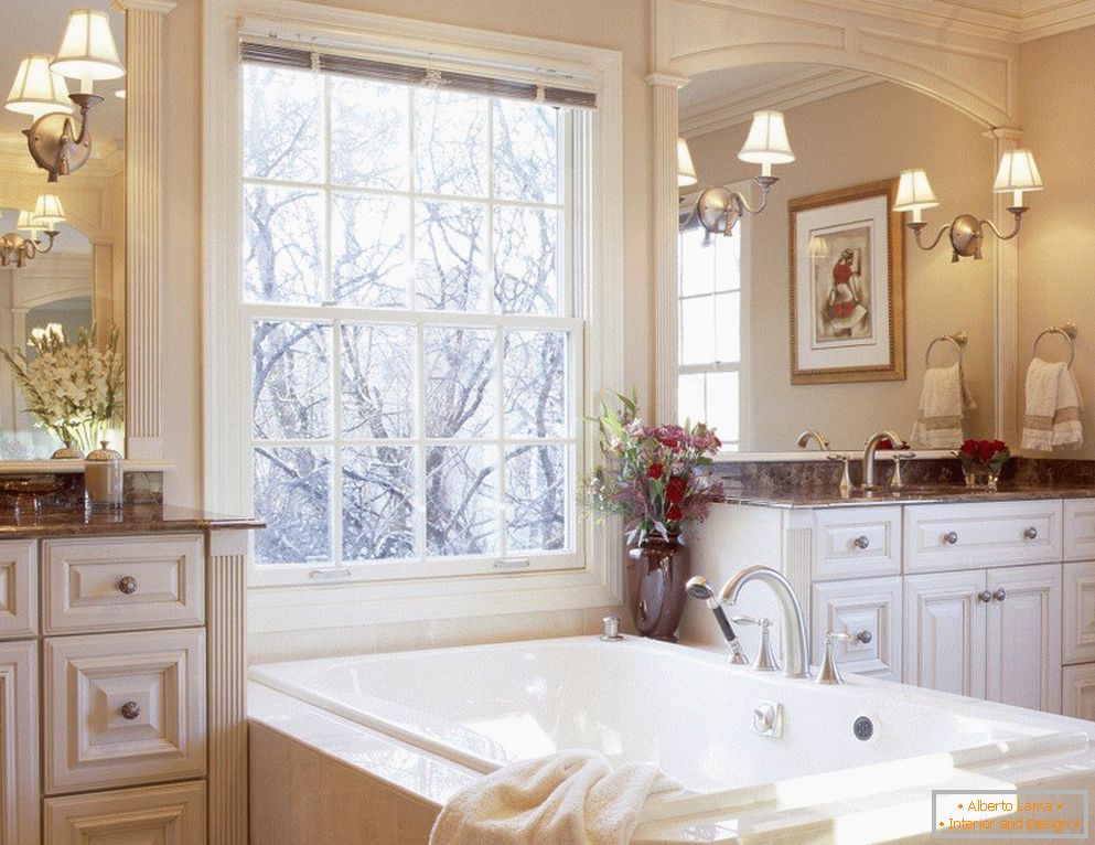 Interior in a classic style with a bathroom by the window