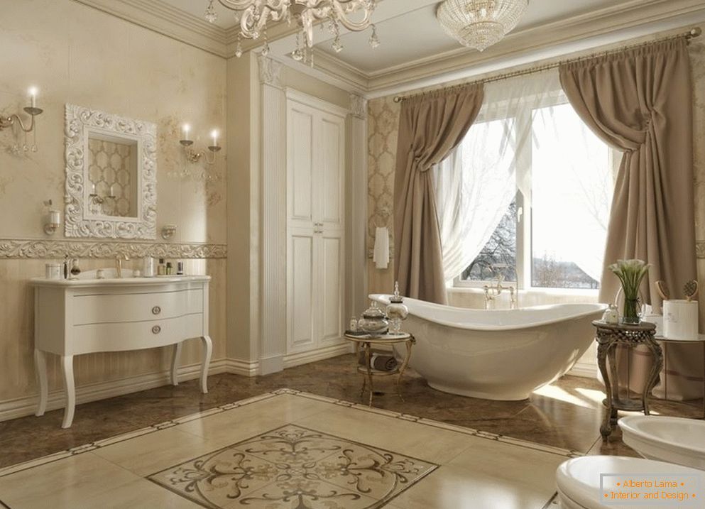 Window with curtains in the bathroom in a classic style