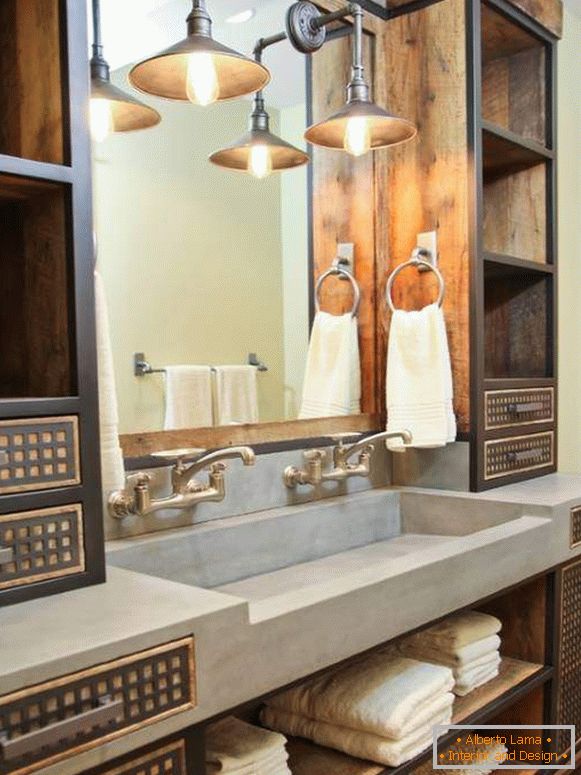 A beautiful curbstone under the washbasin with lockers in the style of a loft for the bathroom