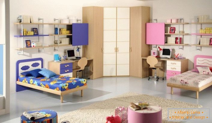 The children's room is decorated in blue and pink colors. Ideal room design for a girl and a boy.