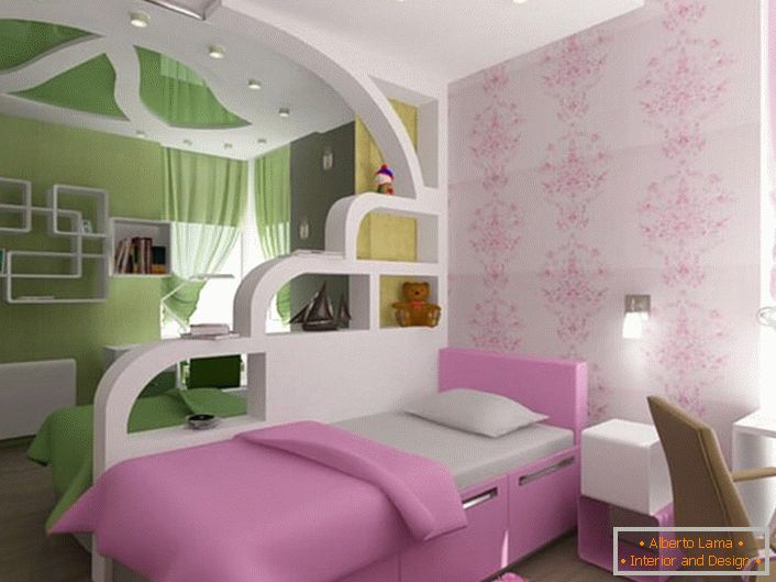 The children's room for the brother and sister is divided into two zones using a decorative wall made of plasterboard. 