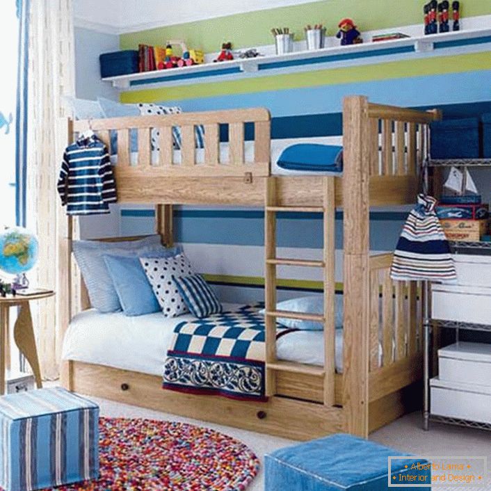 A small children's room for boys is decorated in Scandinavian style.