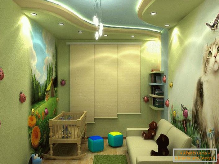 Bright design of a children's room with colorful drawings like a boy and a girl. 