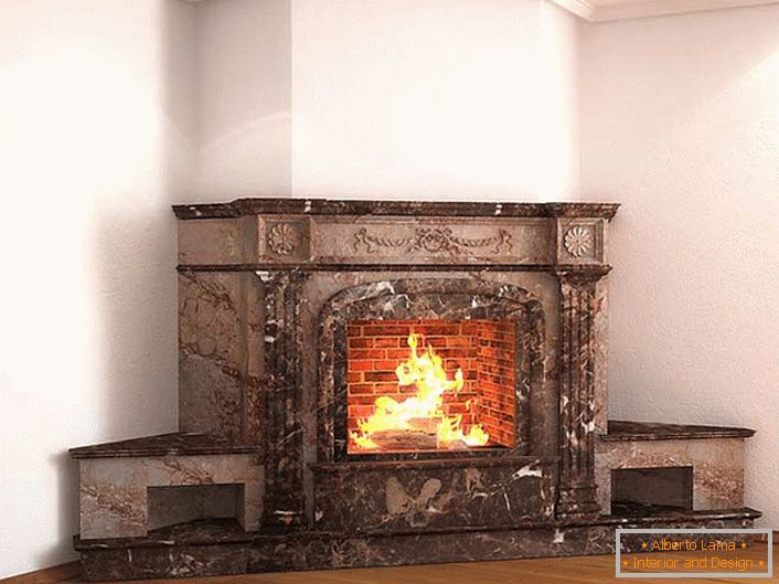 Corner fireplace with a rich portal of marble-decoration of the living room.