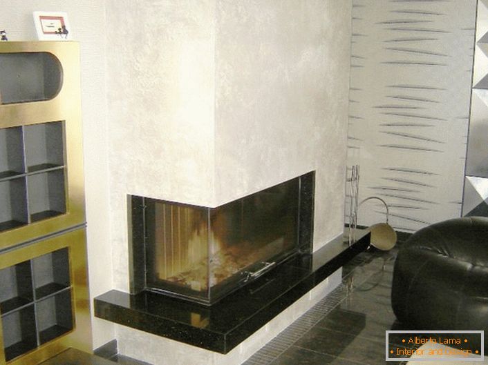 A modern corner fireplace on the outside of the corner in the interior of the living room in a minimalist style.