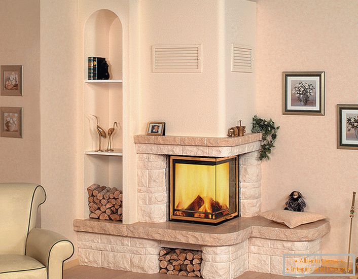 A cozy, light fireplace in a cozy room.