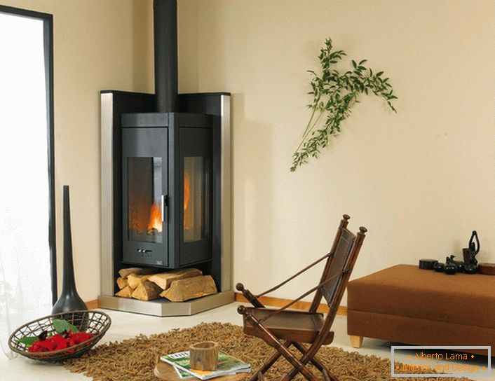 Modern cast-iron fireplace for the living room in high-tech style.