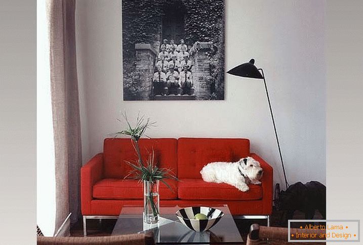 Strict red sofa and wicker chairs in the living room