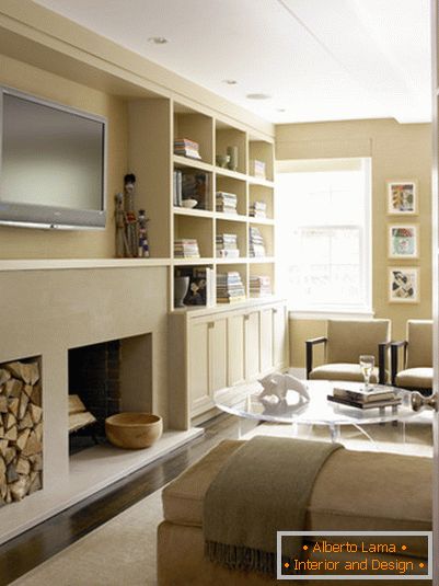 Transparent coffee table in the living room with fireplace