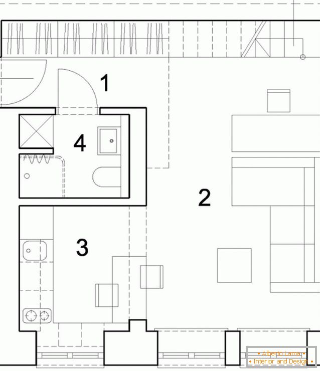 The layout of the first level of a two-storey studio apartment in Poland