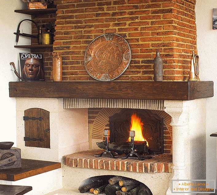 The decoration of the fireplace in the country style of the country house of harsh Scandinavia.