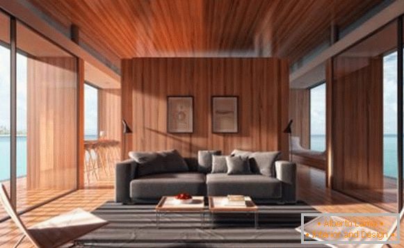 Modern living room design with large windows