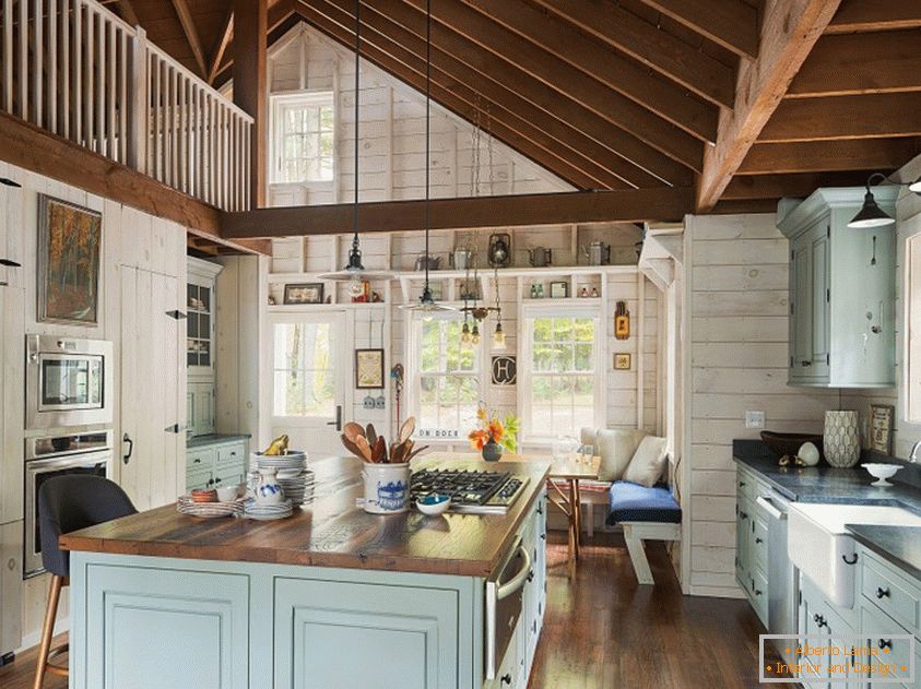 Modern kitchen in a country house, made entirely of natural materials