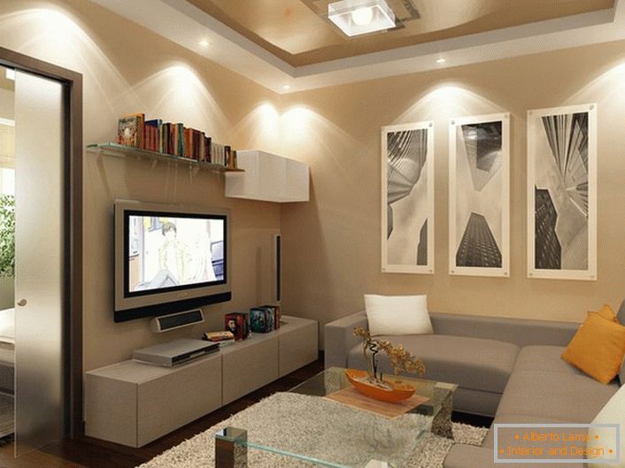 Tension ceilings of beige and white color look exquisitely in the modern living room.