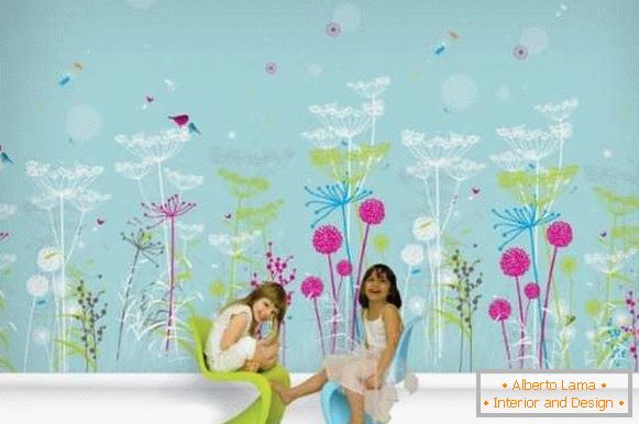 Children's wall-paper for girls - photo in blue color