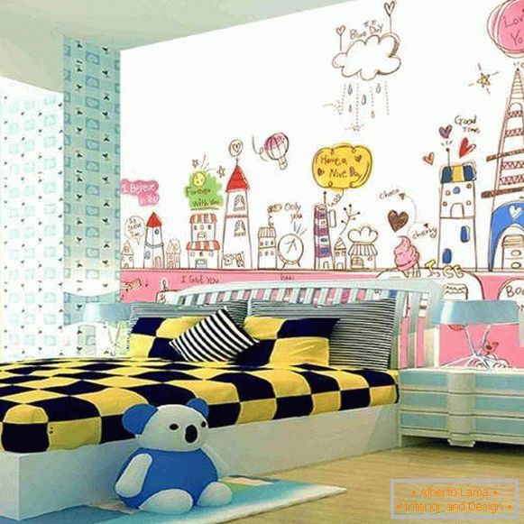 Creative wallpaper in a room for a teenager girls for drawing