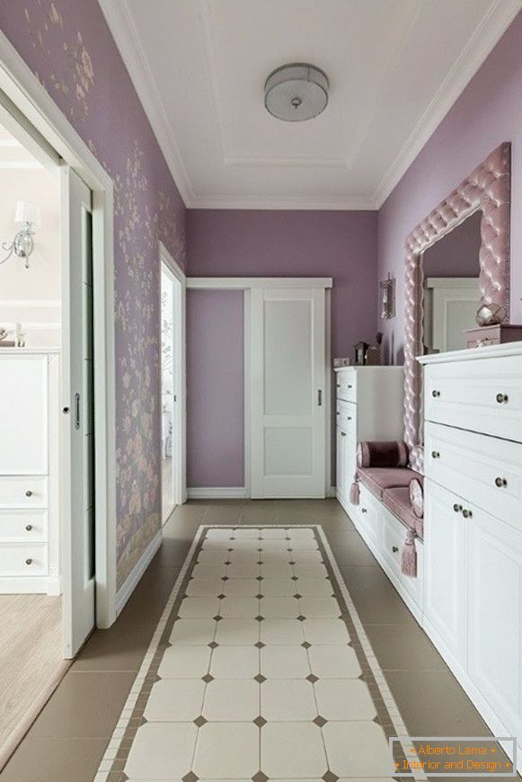 Purple wallpaper in the corridor design photo