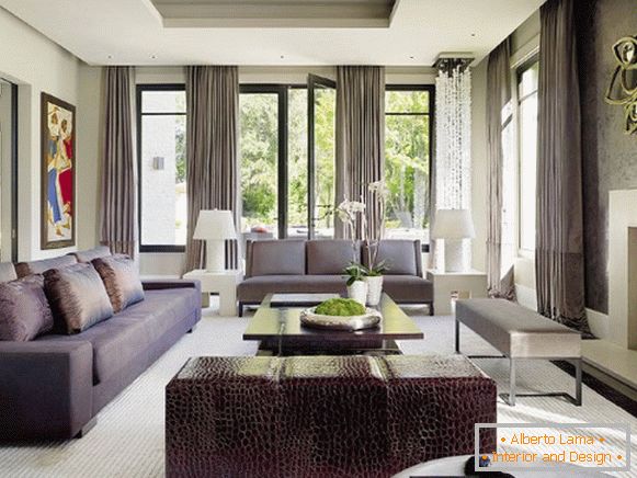 Gypsum plasterboard ceiling and long curtains in the living room