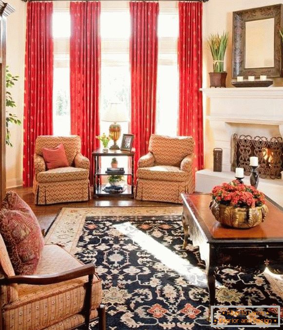 Living room design with red curtains