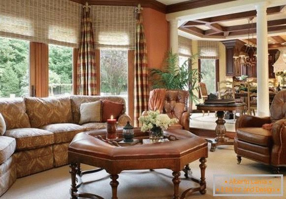 Wicker roller blinds and striped curtains in the living room