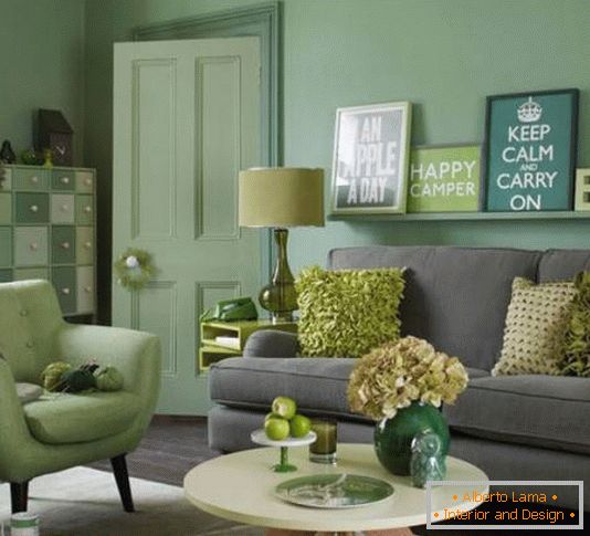 Elegant living room in green and gray