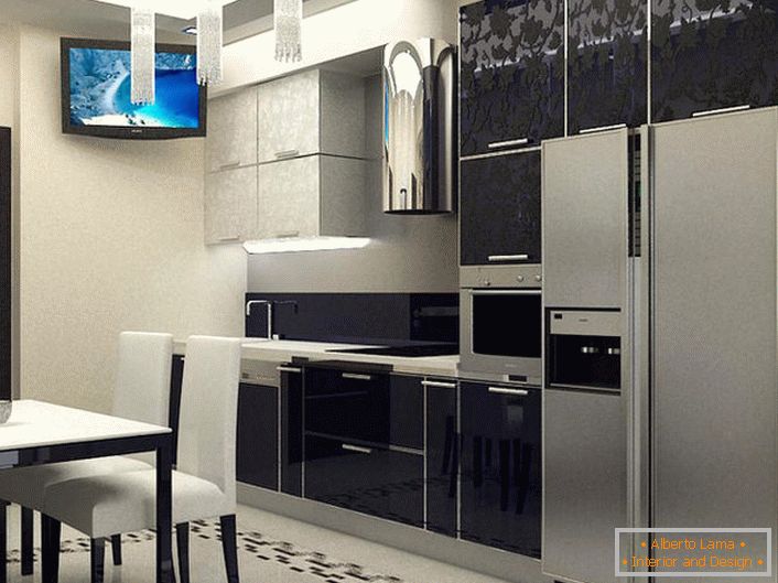 The stylish kitchen is designed in accordance with the requirements of minimalist style. 