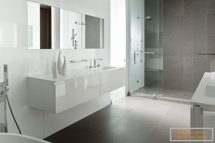 White ceramic plumbing in the style of minimalism organically looks complete with white glossy furniture.