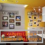 Red sofa in white and yellow interior