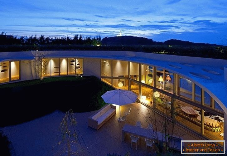 Villa on the Japanese coast at night