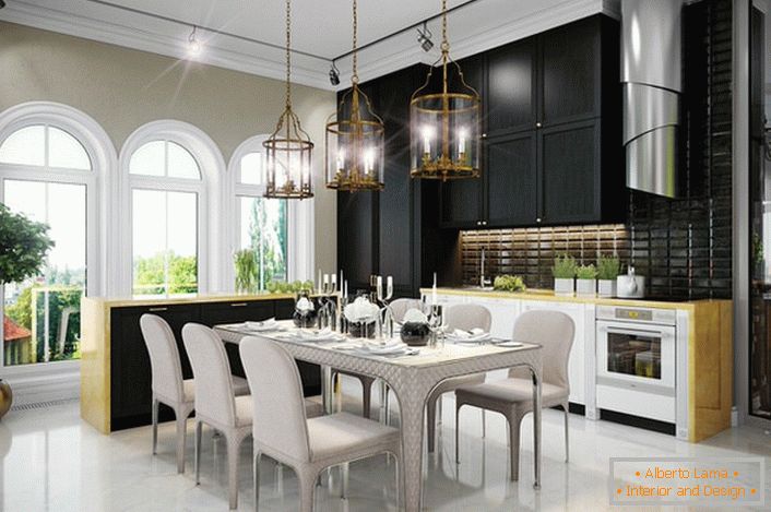 Restrained eclecticism for the kitchen of a large country house. Black-and-white contrast always looks good in the interior.