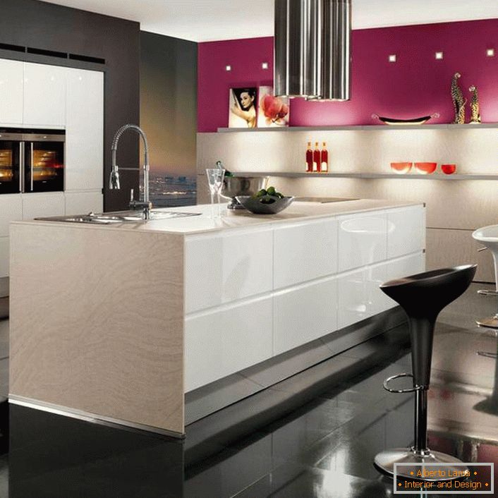 In a large kitchen, the placement of the working area in the center of the room is welcomed.