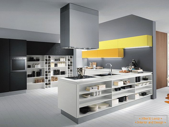 A high-tech kitchen in a large Scandinavian country house. The combination of laconic lines and endless open shelves in Scandinavian character.