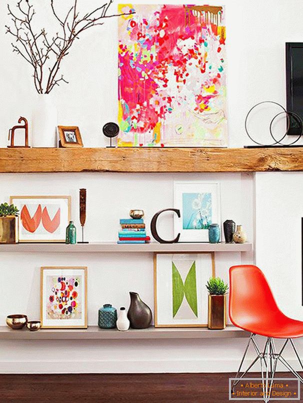 Floating shelves in the living room